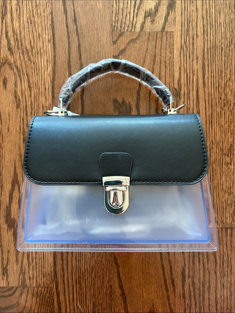 Black Leather and Clear Vinyl Handbag